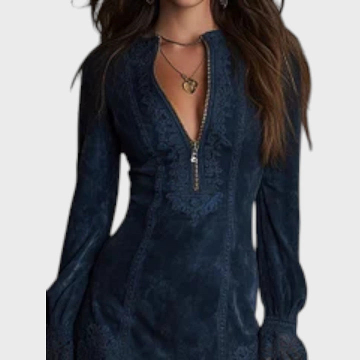 Rachel – Mini abito in camoscio blu con pizzo